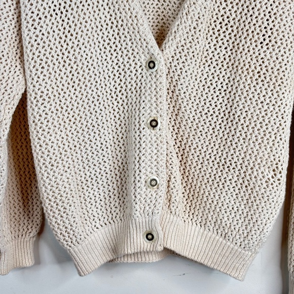 VTG 90s Cream Crochet Cardigan M Ivory Open Knit V Neck Button Up Granny Cottage - Picture 2 of 9
